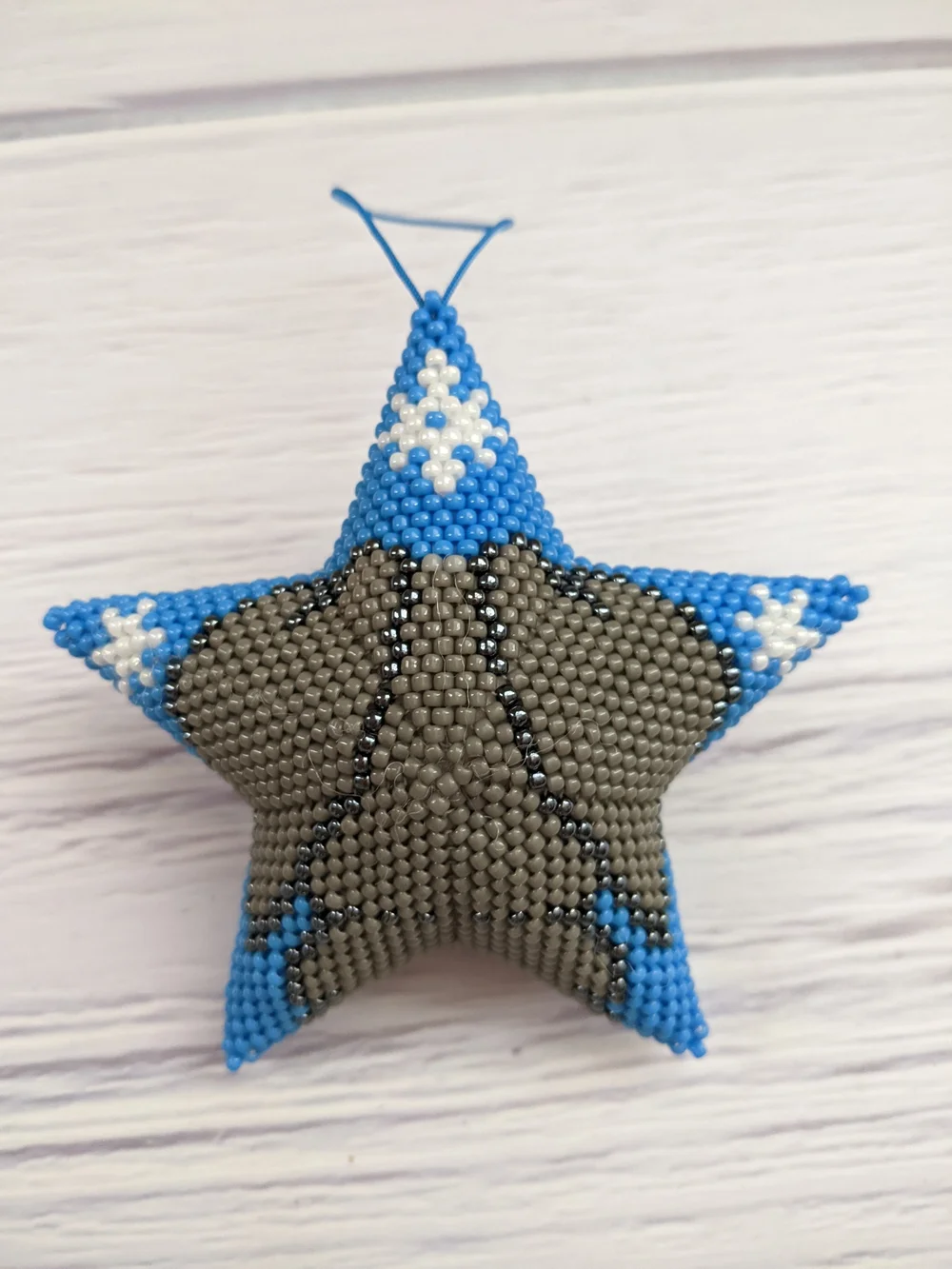 Beaded Star Bunny Ornament in Blue and Gray